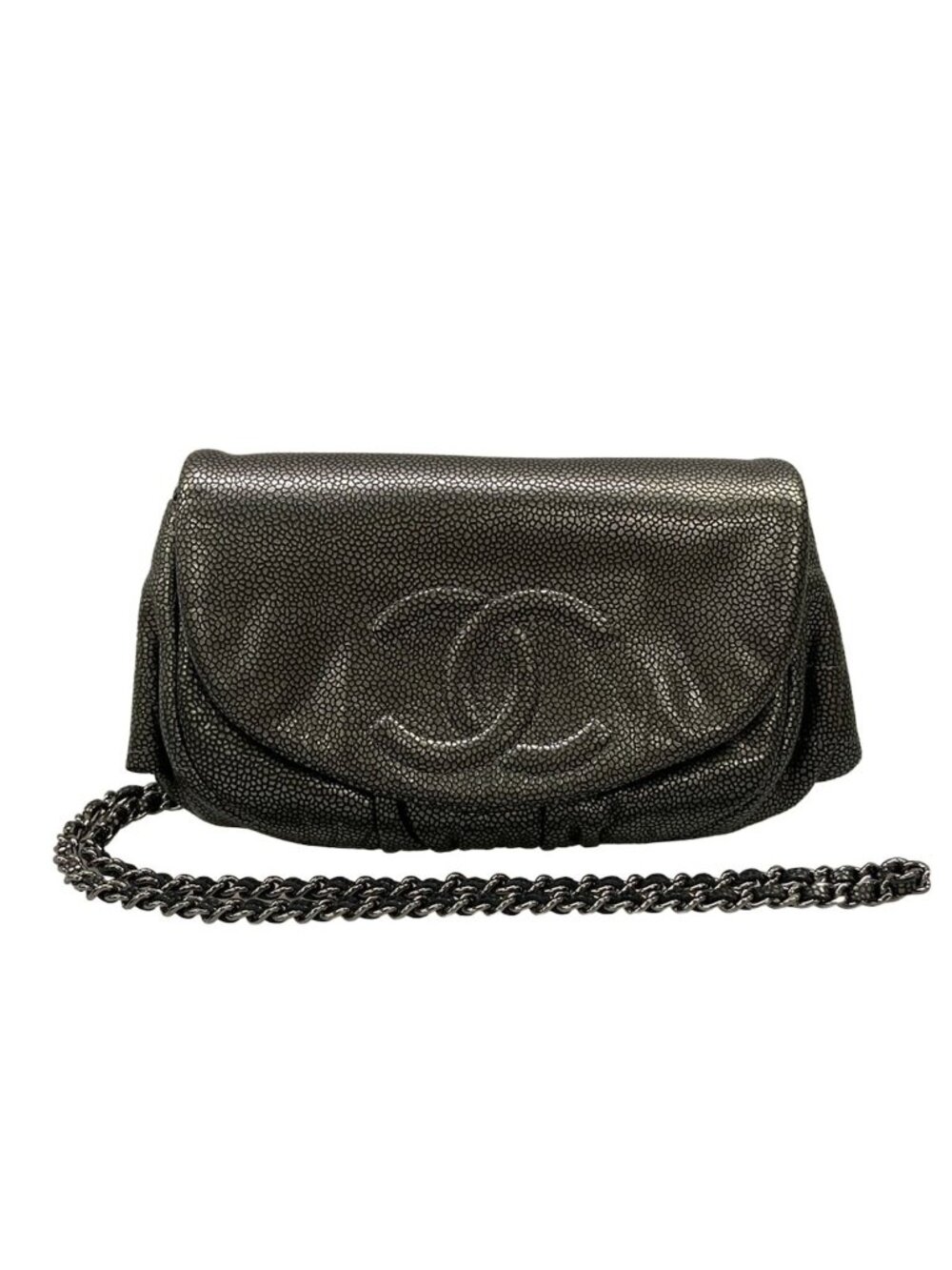 Chanel Wallet Half Moon Silver Black Chain Leather Shoulder Bag